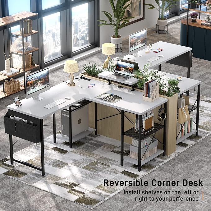 Aheaplus L Shaped Desk with Outlet and USB Charging Ports, L-Shaped Desk with Storage Shelves Reversible Corner Computer Desk 2 Person Long Table with Monitor Stand Gaming Home Office Desk, White - LeafyLoom