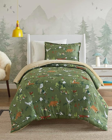 Mi Zone Kids Queen Comforter Set, Reversible Plush Kids Comforter Set, Cozy Plush Reverse Bedding, Winter Fluffy Comforter Bed Set, 2 Shams, Enchanting Forest Animals, Full/Queen, Sage Green 3 Piece - LeafyLoom