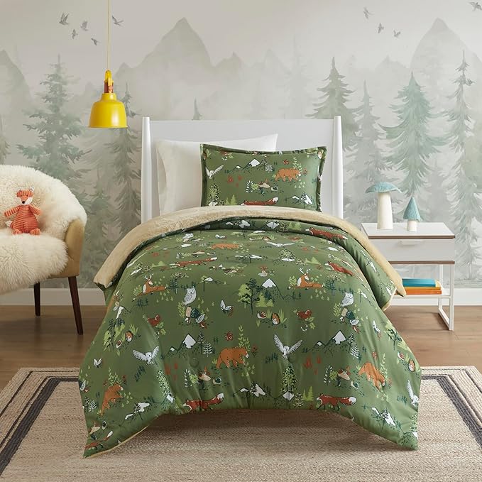 Mi Zone Kids Queen Comforter Set, Reversible Plush Kids Comforter Set, Cozy Plush Reverse Bedding, Winter Fluffy Comforter Bed Set, 2 Shams, Enchanting Forest Animals, Full/Queen, Sage Green 3 Piece - LeafyLoom