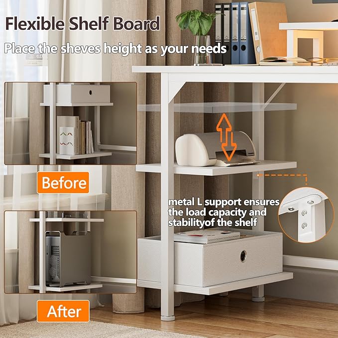 Furologee White Desk with Power Outlets and LED Lights, 47" Office Gaming Desk with Shelves and Fabric Drawer, Reversible Study Table with Monitor Stand and Hooks - LeafyLoom