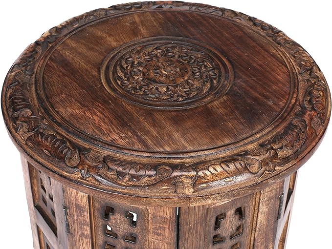 Light & Pro Burnt Round End Table, 12x12 - Octangle, 12 Inch High, Mango Wood, Bohemian Style, 10 lbs Load Capacity - LeafyLoom