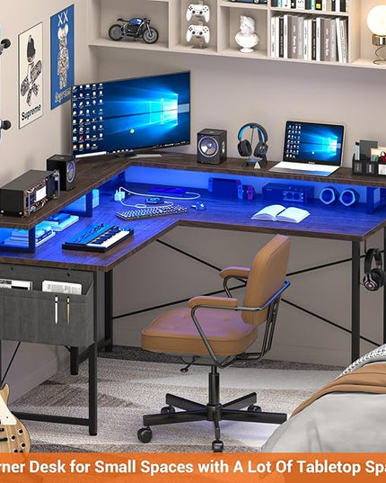 armocity L Shaped Computer Desk with Power Outlets, Gaming Desk L Shaped with LED Lights, Corner Desk with Storage Shelves, Work Study Desk for Bedroom, Home Office Small Spaces, 47'', Black - LeafyLoom