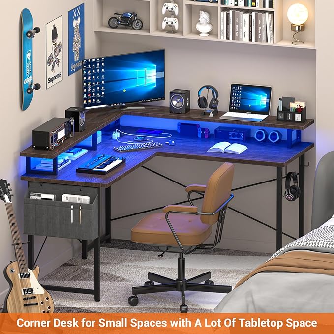 armocity L Shaped Computer Desk with Power Outlets, Gaming Desk L Shaped with LED Lights, Corner Desk with Storage Shelves, Work Study Desk for Bedroom, Home Office Small Spaces, 47'', Black - LeafyLoom