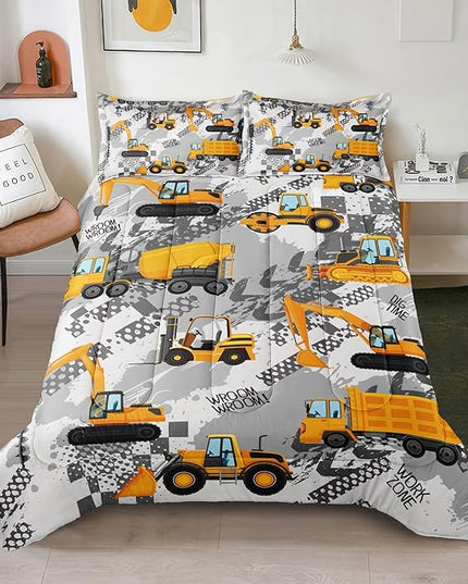 3-Pcs Construction Kids Bedding Set for Boys, Reversible Twin Truck Bed Comforter Set, Cartoon Excavator Car Printed Bedding Sets with Tire Marks - LeafyLoom