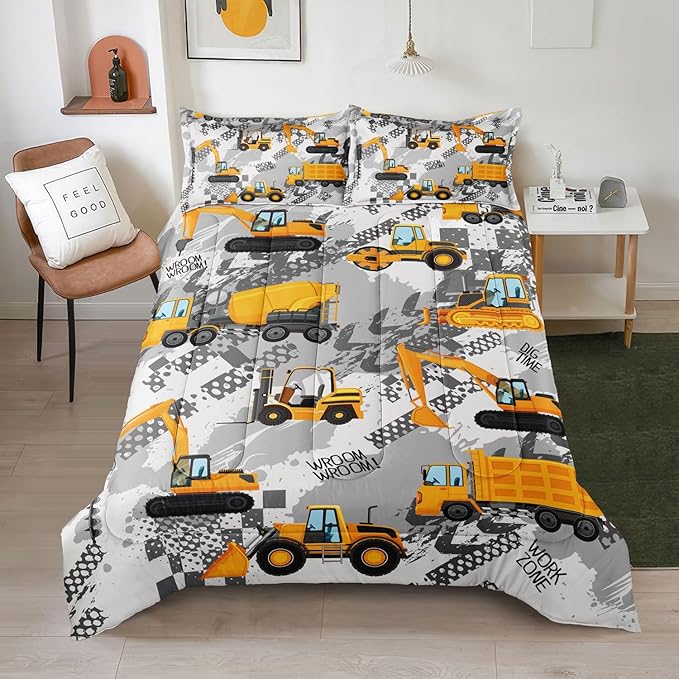 3-Pcs Construction Kids Bedding Set for Boys, Reversible Twin Truck Bed Comforter Set, Cartoon Excavator Car Printed Bedding Sets with Tire Marks - LeafyLoom