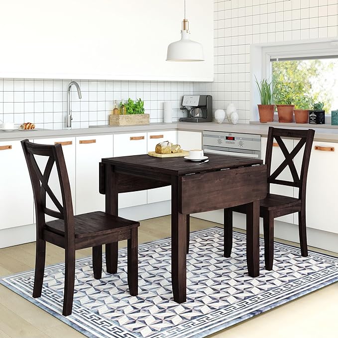 Farmhouse Style Wood Breakfast Nook 2 X-Back Chairs, Extendable Drop Leaf Design & Easy Assembly, Room, Kitchen, 3 Piece Dining Table Set, Espresso 32 - LeafyLoom