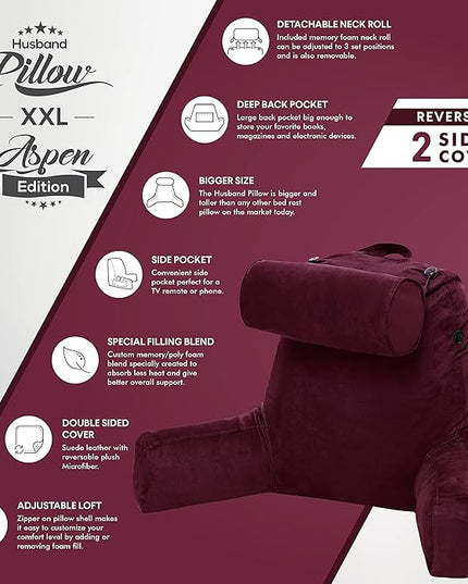 Husband Pillow XXL Aspen Edition, Adult Reading Sit Up Bed Rest Pillow for Bed with Arms & Neck Roll on Bungee Cord - Premium Memory Foam - Reversible 2 Sided Cover Micro Suede or Plush, Mauve Purple - LeafyLoom