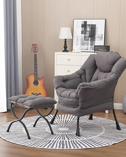 Lazy Chair and Ottoman, Large Accent Lounge Chair with Armrests and a Side Pocket, Modern Leisure Upholstered Sofa Reading Armchair with Footrest for Bedroom, Living Room, Dorm Rooms, Office - LeafyLoom