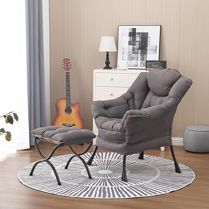 Lazy Chair and Ottoman, Large Accent Lounge Chair with Armrests and a Side Pocket, Modern Leisure Upholstered Sofa Reading Armchair with Footrest for Bedroom, Living Room, Dorm Rooms, Office - LeafyLoom