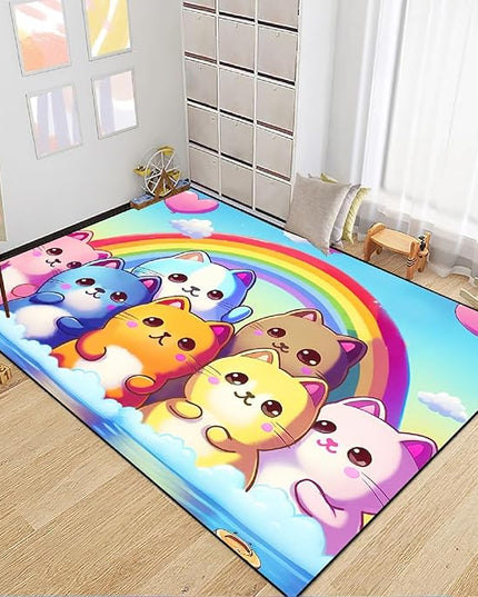 Cat Rainbow Rug for Girls Bedroom - Colorful Cat Area Rug Cat Rainbow Printed Carpet for Kids Room Cute Cartoon Cat Rug Home Decor, 3x5 Feet - LeafyLoom