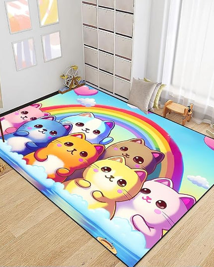 Cat Rainbow Rug for Girls Bedroom - Colorful Cat Area Rug Cat Rainbow Printed Carpet for Kids Room Cute Cartoon Cat Rug Home Decor, 2.5x4 Feet - LeafyLoom