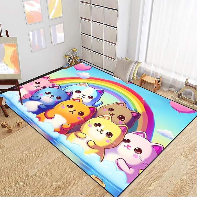 Cat Rainbow Rug for Girls Bedroom - Colorful Cat Area Rug Cat Rainbow Printed Carpet for Kids Room Cute Cartoon Cat Rug Home Decor, 4x5 Feet - LeafyLoom