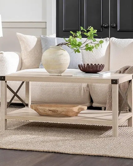 Walker Edison Sedalia Modern Farmhouse Metal X Coffee Table, 40 Inch, White Oak - LeafyLoom