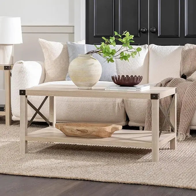 Walker Edison Sedalia Modern Farmhouse Metal X Coffee Table, 40 Inch, White Oak - LeafyLoom