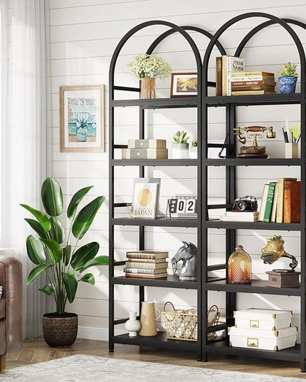 Tribesigns 5-Tier Open Bookshelf Set of 2, 74.4" Wood Bookcase Storage Shelves with Metal Frame, Freestanding Display Rack Tall Shelving Unit for Office, Bedroom, Living Room (Black, 2PCS) - LeafyLoom