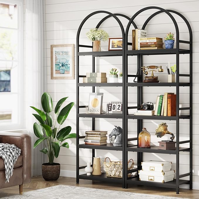 Tribesigns 5-Tier Open Bookshelf Set of 2, 74.4" Wood Bookcase Storage Shelves with Metal Frame, Freestanding Display Rack Tall Shelving Unit for Office, Bedroom, Living Room (Black, 2PCS) - LeafyLoom