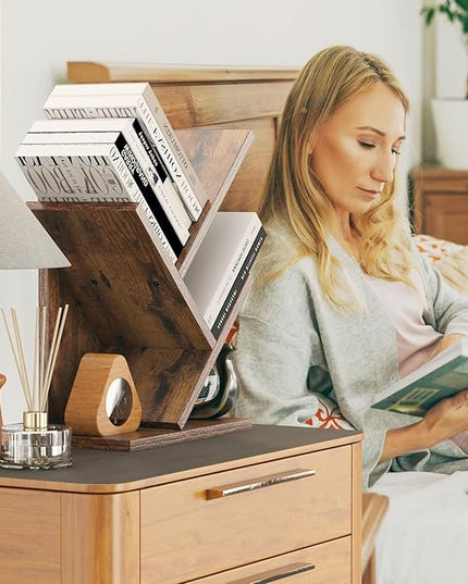 YMYNY 2 Tier Tree Bookshelf, Small Bookcase, Modern Wood Book Storage Rack Organizer, Freestanding Book shelf for Books/Movies/CDs, Display Rack for Bedroom, Home Office, Rustic Brown UHBC012H - LeafyLoom