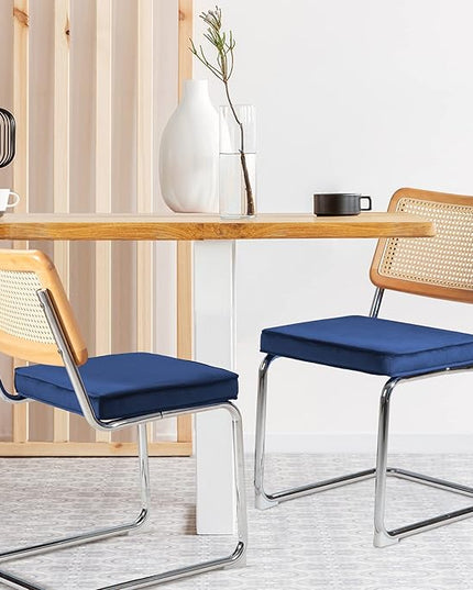Dining Chair Set of 2, Mid-Century Modern Rattan Dining Chairs with Metal Chrome Legs, Natural Cane Backrest Upholstered for Home Kitchen，Dining Room and Patio, Deep Blue - LeafyLoom
