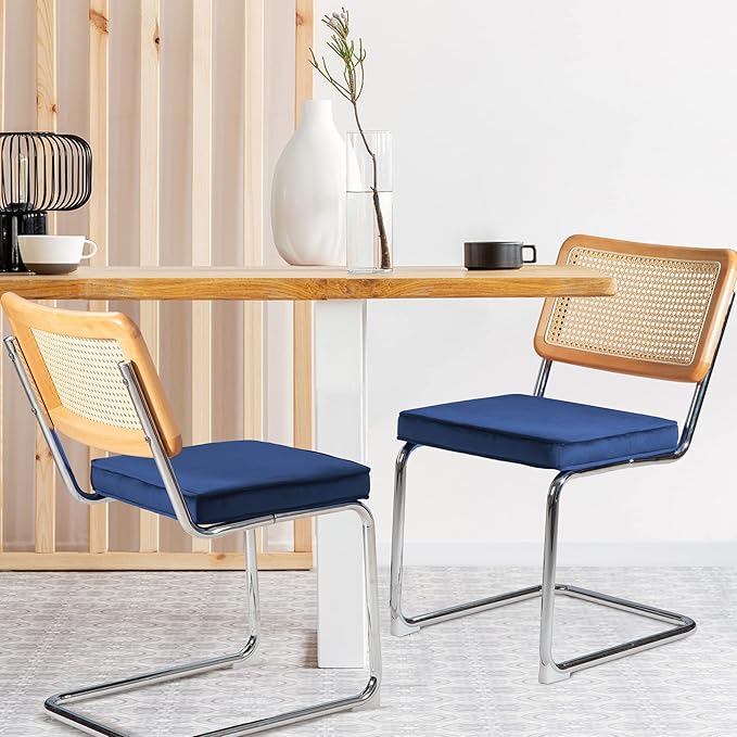 Dining Chair Set of 2, Mid-Century Modern Rattan Dining Chairs with Metal Chrome Legs, Natural Cane Backrest Upholstered for Home Kitchen，Dining Room and Patio, Deep Blue - LeafyLoom