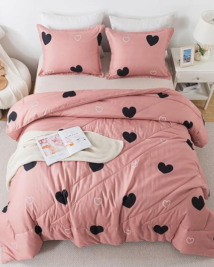 Love Pattern Cameo Brown Comforter Set Full Size, Pink Love Heart Sexy Comforter Bedding Set for All Seasons, Geometric Microfiber 3 Pieces Comforter Set with Pillowshams - LeafyLoom