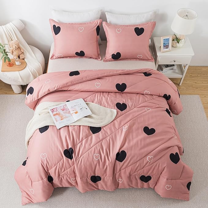 Love Pattern Girls Pink Comforter Set Twin Size, Cameo Brown Cute Love Heart Print Sexy Comforter Bedding Set for All Seasons, Geometric Soft Microfiber Comforter Set with Pillowcase - LeafyLoom