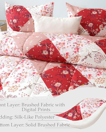 Whale Flotilla Queen Full Comforter Set, Soft Reversible Red Bedding Comforter Set with Boho Pattern, 1 Micoriber Patchwork Comforter and 2 Pillow Shams, 3 Pieces - LeafyLoom