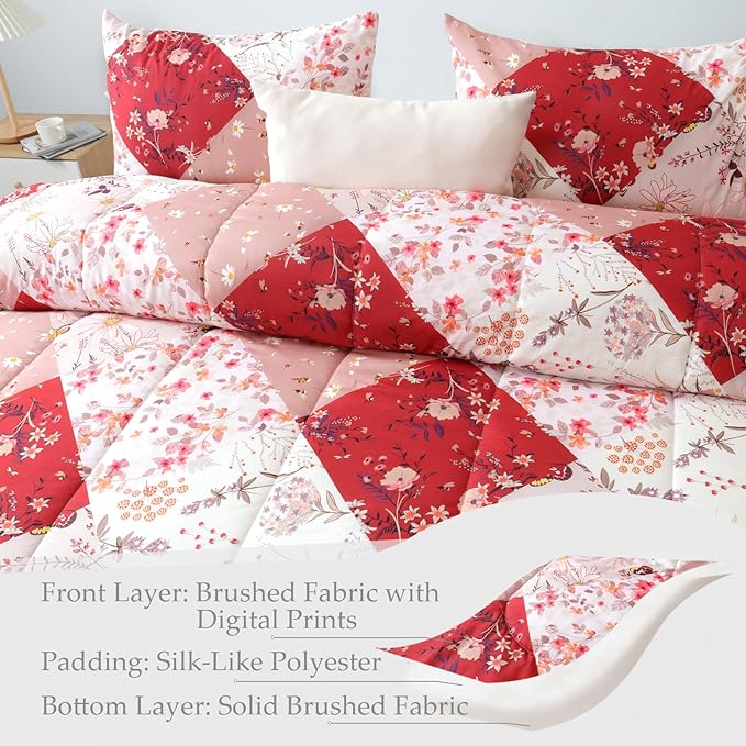 Whale Flotilla King Comforter Set, Soft Reversible Red Bedding Comforter Set with Boho Pattern, 1 Micoriber Patchwork Comforter and 2 Pillow Shams, 3 Pieces - LeafyLoom