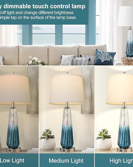 Table Lamps Set of 2 with Touch Control, 3-Way Dimmable Modern Glass Bedside Lamps with 2 USB Ports, Nightstand Lamp with White Fabric Shade, 27.5" Large Lamps for Living Room Bedrooms Decorations - LeafyLoom