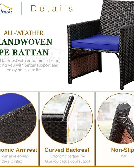 Shintenchi Wicker Patio Conversation Furniture Set with Detachable Chairs & Table and Two Removable Cushions,Rattan Wicker Lover Chair for Patio,Garden, Courtyard and Lawn Backyard (Deep Blue) - LeafyLoom