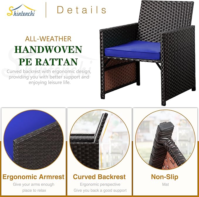 Shintenchi Wicker Patio Conversation Furniture Set with Detachable Chairs & Table and Two Removable Cushions,Rattan Wicker Lover Chair for Patio,Garden, Courtyard and Lawn Backyard (Deep Blue) - LeafyLoom