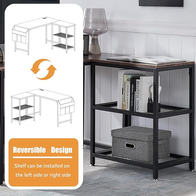 VECELO L Shaped Computer Gaming Corner Desk with Storage Bag and Shelf Home Office Table for Study Writing Room, Small Space Workstation, Easy to Assemble, Brown - LeafyLoom