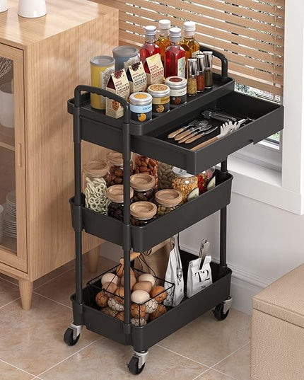 3-Tier Rolling Cart，Trolley with Drawer, Multifunctional Storage Organizer with Plastic Shelf & Metal Wheels, Kitchen Storage Cart for Living Room, Kitchen, Office, Bathroom, Black - LeafyLoom