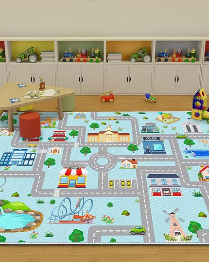 Kids Car Rug, 6x9 City Life Traffic Road Playmat for Toy Cars Trains, Non-Slip Race Track Carpet Educational Fun Area Rugs for Boy and Girl Bedroom Nursery - LeafyLoom