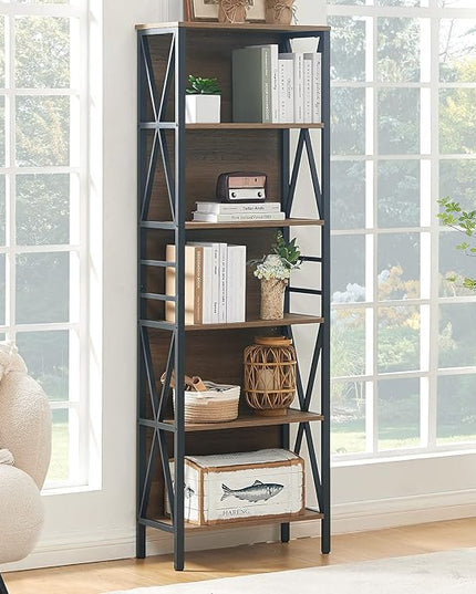 HOMISSUE Bookshelf, 6-Tier Bookshelf, Rustic Wood Metal Bookshelves and Bookcases, Freestanding Open Bookshelf, Industrial Tall Bookcase for Home Office, Living Room and Bedroom, Vintage Brown - LeafyLoom
