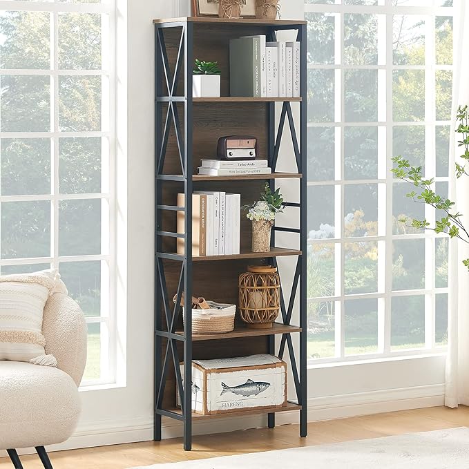 HOMISSUE Bookshelf, 6-Tier Bookshelf, Rustic Wood Metal Bookshelves and Bookcases, Freestanding Open Bookshelf, Industrial Tall Bookcase for Home Office, Living Room and Bedroom, Vintage Brown - LeafyLoom