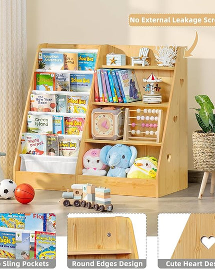 Lerliuo 4 Tier Kids Bookshelf and Storage Organizer, Five Layer Sling Children Bookcase, Baby Toddler Wooden Book Shelf, Display Cabinet for Playroom, Bedroom, Classroom, Nursery, School (Natural) - LeafyLoom