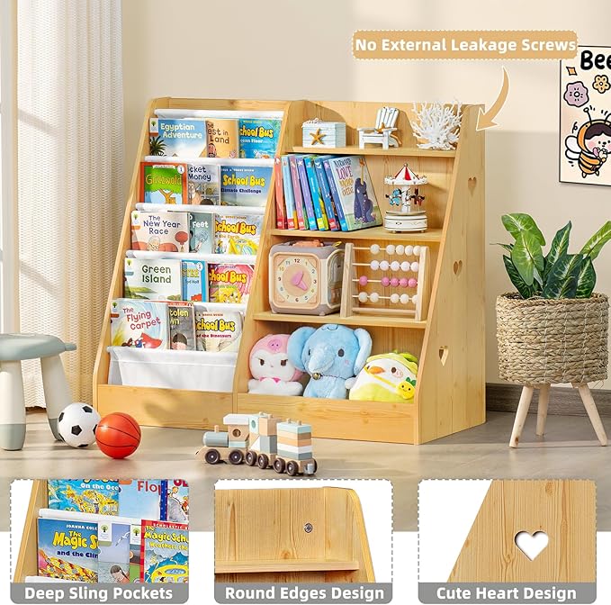 Lerliuo 4 Tier Kids Bookshelf and Storage Organizer, Five Layer Sling Children Bookcase, Baby Toddler Wooden Book Shelf, Display Cabinet for Playroom, Bedroom, Classroom, Nursery, School (Natural) - LeafyLoom