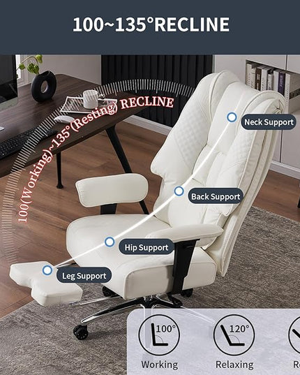 Big and Tall Office Chair 400lbs Wide Seat, Leather High Back Executive Office Chair with Foot Rest, Ergonomic Office Chair Lumbar Support for Lower Back Pain Relief (White) - LeafyLoom