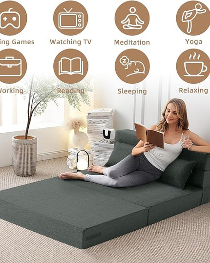 Convertible Folding Sofa Bed - Sleeper Chair with Pillow, Modern Linen Fabric Floor & Futon Couch, Foldable Mattress for Living Room/Dorm/Guest Use/Home Office/Apartment, Queen Size, Dark Gray - LeafyLoom