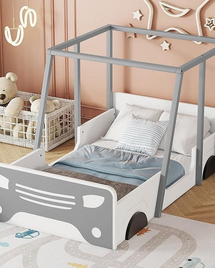 Toddler Twin Size Car Bed with Roof & Door,Wooden Car-Shaped Floor Bedframe W/Safety Guardrail,Racecar Design,Easy Assembly,Montessori Inspired Bedroom Furniture for Boys Kids Teens,Grey - LeafyLoom