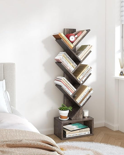 Hoctieon 6 Tier Tree Bookshelf, Tall Bookcase with Drawer, Freestanding Book shelf, Display Floor Standing Storage Shelf, Book Organizer Shelves for Home Office, Living Room, Bedroom, Grey - LeafyLoom