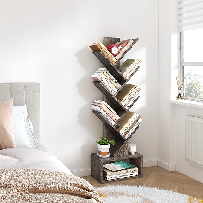 Hoctieon 6 Tier Tree Bookshelf, Tall Bookcase with Drawer, Freestanding Book shelf, Display Floor Standing Storage Shelf, Book Organizer Shelves for Home Office, Living Room, Bedroom, Grey - LeafyLoom