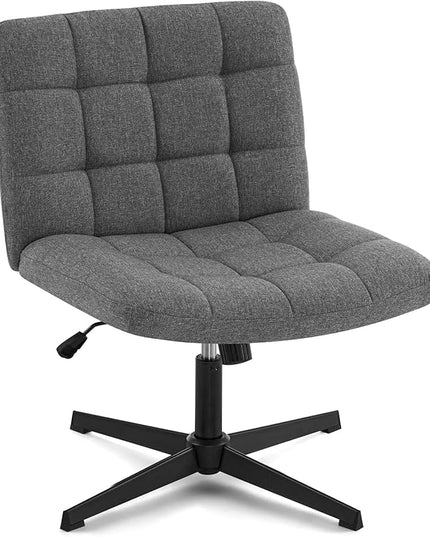 Furniliving Criss Cross Wide Chair, Comfy Legged Desk Chair No Wheels Armless Modern Swivel Chair with Mid Back, Height Adjustable Wide Seat for Home Office Vanity, Grey - LeafyLoom