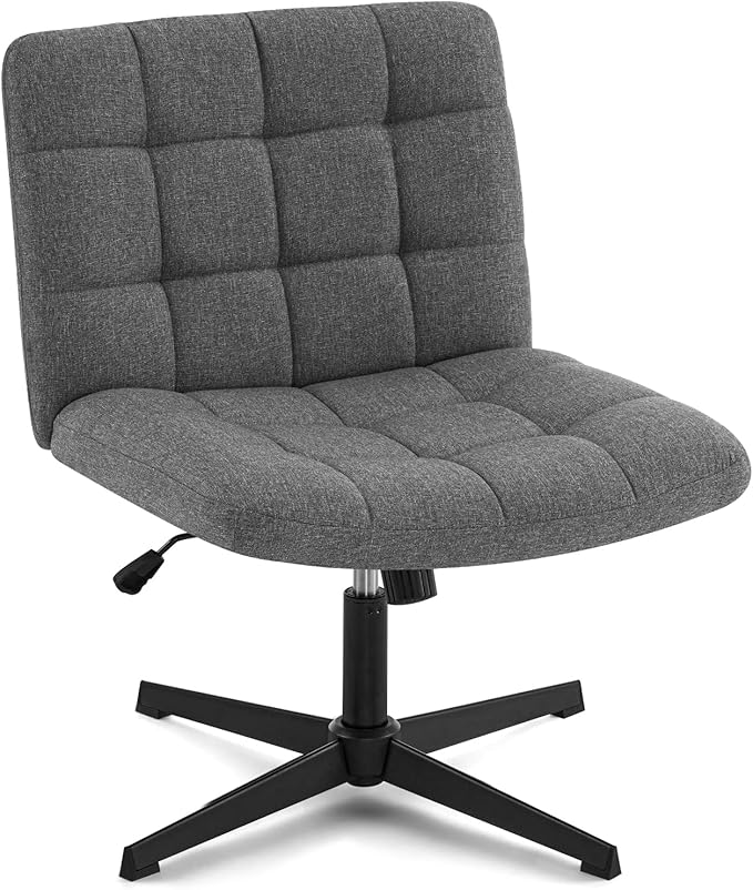 Furniliving Criss Cross Wide Chair, Comfy Legged Desk Chair No Wheels Armless Modern Swivel Chair with Mid Back, Height Adjustable Wide Seat for Home Office Vanity, Grey - LeafyLoom