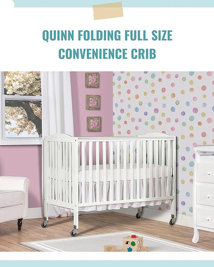 Folding Full Size Convenience Crib In White, Two Adjustable Mattress Height Positions, Comes With Heavy Duty Locking Wheels, Flat Folding Crib - LeafyLoom