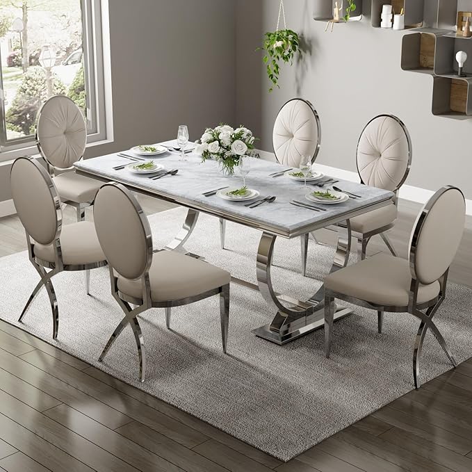 ACEDÉCOR Dining Chairs, White Velvet Dining Room Chairs with Silver Mirrored Legs, Glam White Kitchen Chairs for Dining Room, Kitchen, Living Room (Set of 6) - LeafyLoom