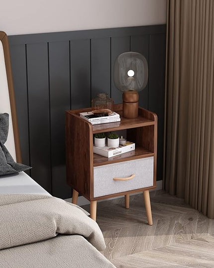 LUCKNOCK NightStand with Fabric Drawer, Bedside Table with Solid Wood Legs, Minimalist and Practical End Side Table with Open Storage Shelf for Bedroom, Rustic Brown. - LeafyLoom
