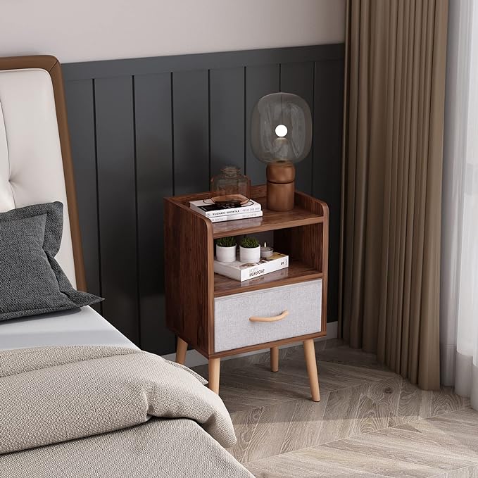 LUCKNOCK NightStand with Fabric Drawer, Bedside Table with Solid Wood Legs, Minimalist and Practical End Side Table with Open Storage Shelf for Bedroom, Rustic Brown. - LeafyLoom