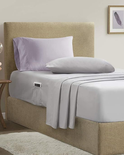 Comfort Spaces Bed in A Bag - Trendy Casual Design Cozy Comforter with Complete Sheet Set with Side Pocket, All Season Cover, Matching Shams Twin XL(66 in x 90 in), Kate, Grey/Purple 6 Piece - LeafyLoom