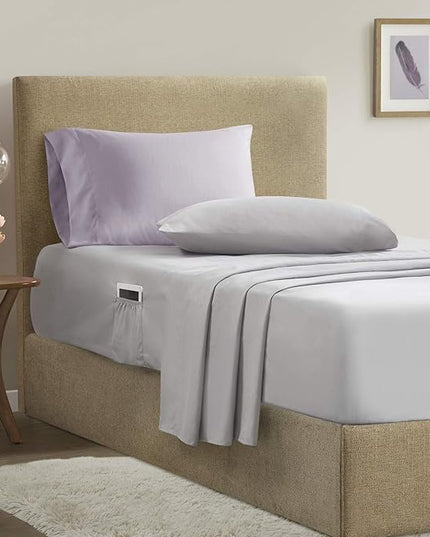 Comfort Spaces Bed in A Bag - Trendy Casual Design Cozy Comforter with Complete Sheet Set with Side Pocket, All Season Cover, Matching Shams Twin(66"x90"), Kate, Grey/Purple 6 Piece - LeafyLoom